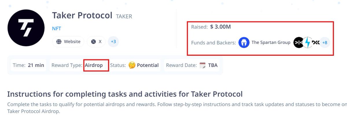 🔄Update : Taker Protocol 

<a href="/TakerProtocol/">Taker</a>  - là một giao thức cho vay bằng NFT được The Spartan Group  và DragonFly Capital  đầu tư 

✍️Đăng ký săn airdrop  : earn.taker.xyz/?start=TWPKR

➡️Connect Metamask Wallet
➡️Connect Twitter
➡️Start Mining ( 1 NGÀY 1 LẦN) 
➡️Complete