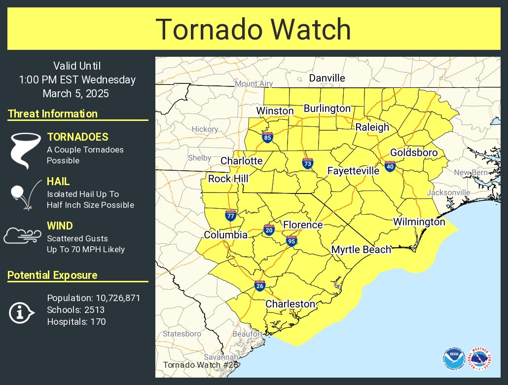 A tornado watch has been issued for parts of North Carolina and South Carolina until 1 PM EST
