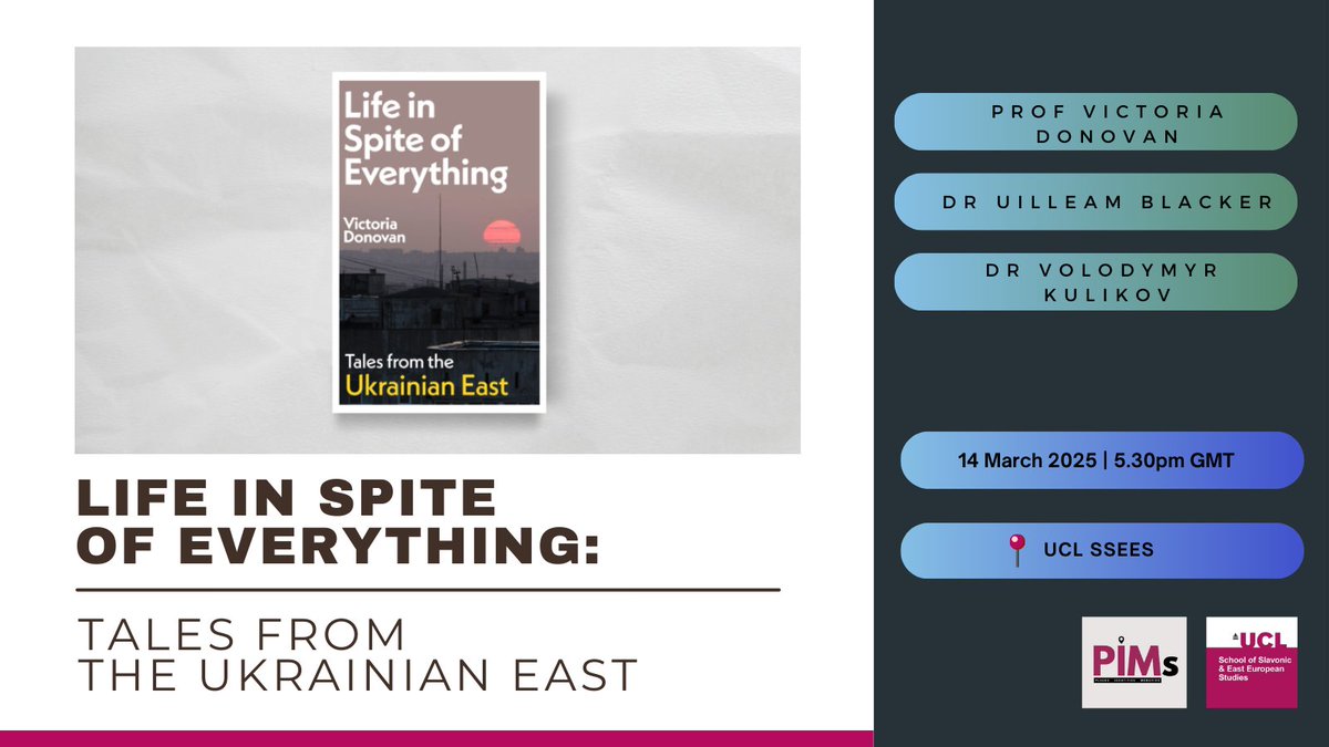 UCL School of Slavonic & East European Studies (@uclssees) on Twitter photo Please join us for a conversation with <a href="/vsdonovan/">Victoria Donovan</a>
on her latest book 'Life in Spite of Everything. Tales from the Ukrainian East', which explores the lived experiences of communities in Ukraine’s #Donbas region.
🗓️ 14 March at 5.30pm
📍 UCL SSEES
➡️ buff.ly/41bybJE Please join us for a conversation with <a href="/vsdonovan/">Victoria Donovan</a>
on her latest book 'Life in Spite of Everything. Tales from the Ukrainian East', which explores the lived experiences of communities in Ukraine’s #Donbas region.
🗓️ 14 March at 5.30pm
📍 UCL SSEES
➡️ buff.ly/41bybJE