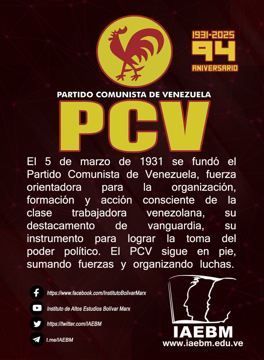 Instituto de Altos Estudios Bolívar-Marx (@iaebm) on Twitter photo Desde el instituto de Altos Estudios «Bolívar-Marx», celebramos un año más de fundación del Partido Comunista de Venezuela <a href="/PCV_Venezuela/">Partido Comunista de Venezuela ☭</a> . destacamento de Vanguardia de la clase trabajadora venezolana, que sigue en pie, sumando fuerzas y organizando luchas. Desde el instituto de Altos Estudios «Bolívar-Marx», celebramos un año más de fundación del Partido Comunista de Venezuela <a href="/PCV_Venezuela/">Partido Comunista de Venezuela ☭</a> . destacamento de Vanguardia de la clase trabajadora venezolana, que sigue en pie, sumando fuerzas y organizando luchas.