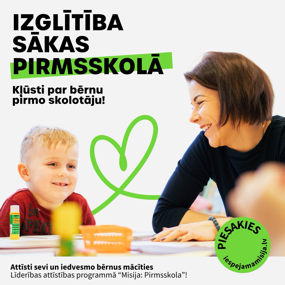 #MisijaPirmsskola programmā dalībnieki ⤵️

✔️ attīstīs līderības prasmes,
✔️ gūs pedagoģiskās zināšanas darbā ar pirmsskolas bērniem,
✔️ saņems individuālu atbalstu no kuratora, mentora un metodiķa,
✔️ papildu darba algai saņems 200 EUR ikmēneša stipendiju,
✔️ un divu gadu laikā
