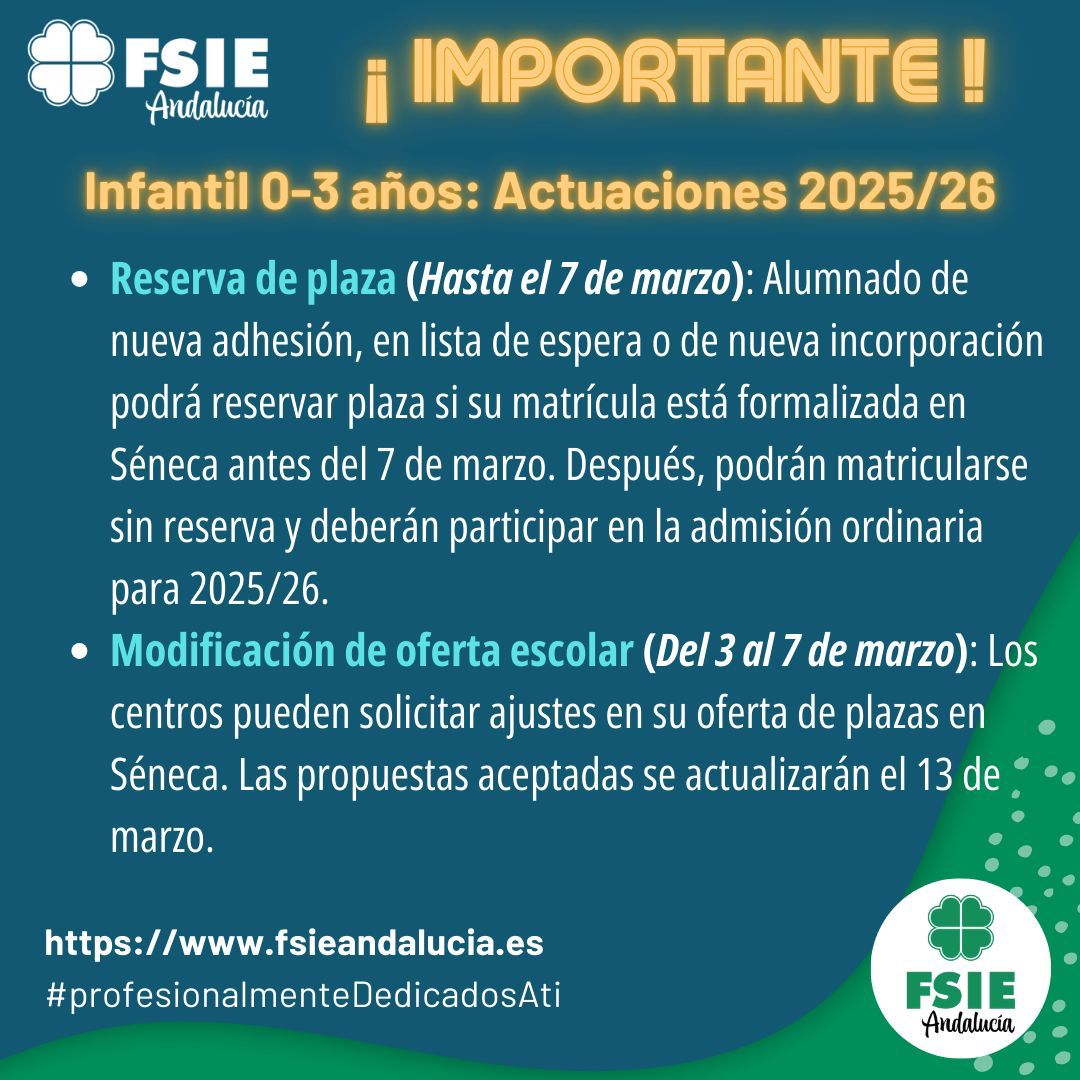 FSIE_HUELVA's tweet photo. Fsie informa Educación Infantil 0-3. Actuaciones proceso de Admisión 205/2026 https://t.co/uhNhmTa4SU