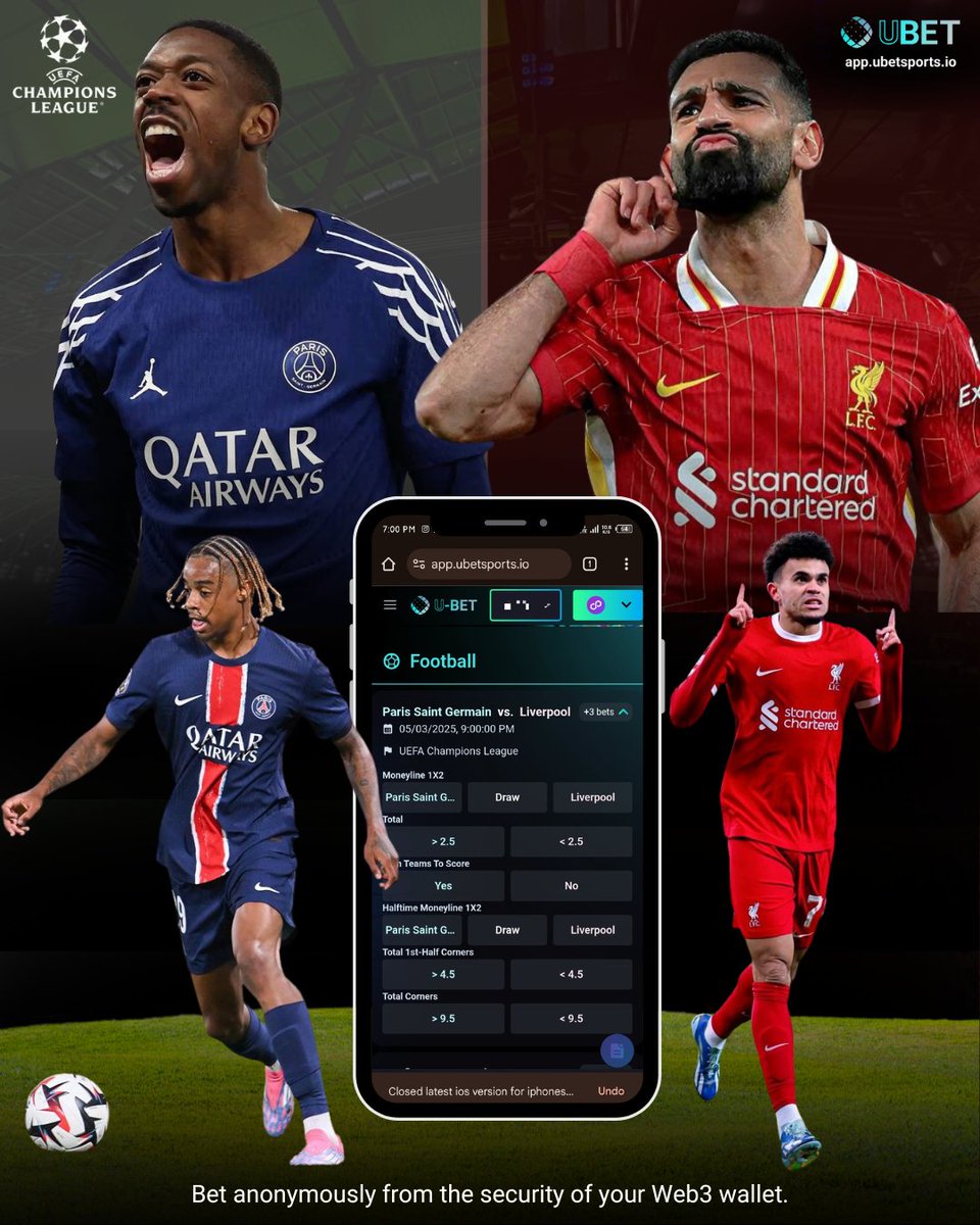 ⚡⚽ Paris Saint-Germain vs. Liverpool—UCL clash of the titans!
Will PSG’s 22-game unbeaten streak hold, or will Liverpool’s firepower shine?
🎲 Bet anonymously with no KYC required on UBET!
⚖️ Experience self-custodial Web3 sports betting with crypto betting.
📲 Join now!