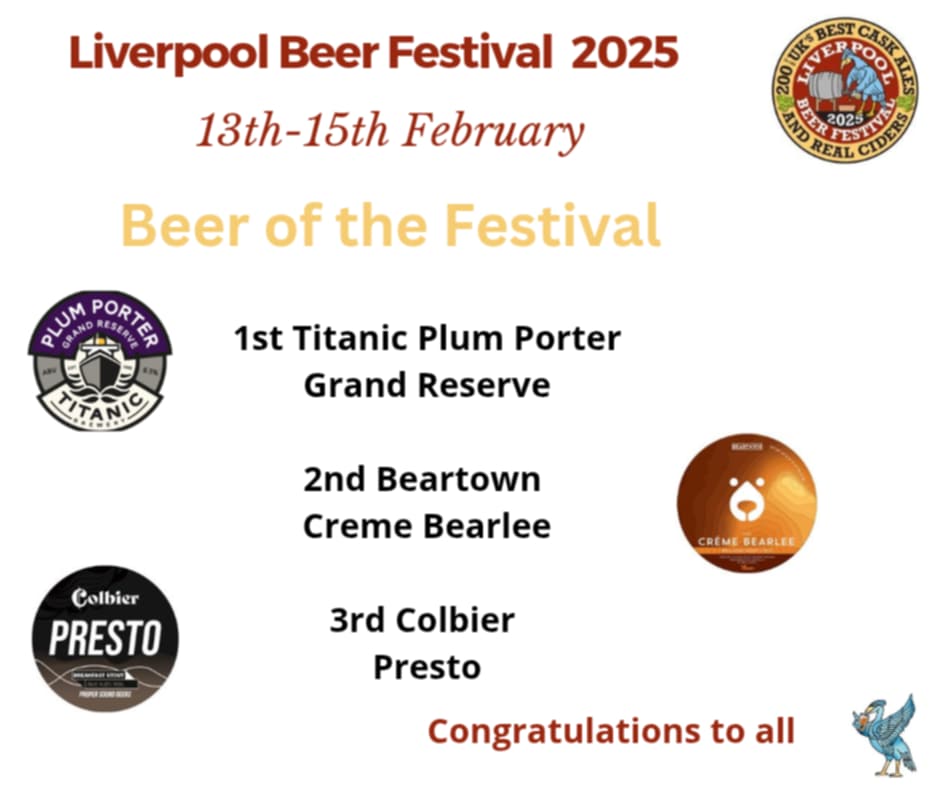 Liverpool Beer Fest (@lbfcamra) on Twitter photo We are pleased to announce our beer of the festival which this year goes to <a href="/TitanicBrewers/">Titanic Brewery</a> Plum Porter Reserve
2nd Place <a href="/BeartownBrewery/">Beartown Brewery</a> Creme Bearlee
3rd Place <a href="/Colbierbrewco/">Colbier Brew Co</a> Presto
Congratulations to all 👏👏 We are pleased to announce our beer of the festival which this year goes to <a href="/TitanicBrewers/">Titanic Brewery</a> Plum Porter Reserve
2nd Place <a href="/BeartownBrewery/">Beartown Brewery</a> Creme Bearlee
3rd Place <a href="/Colbierbrewco/">Colbier Brew Co</a> Presto
Congratulations to all 👏👏