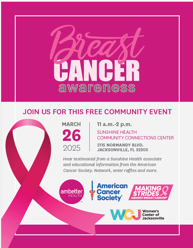 msabcjax's tweet photo. Please join us on Wednesday, March 26 from 11AM -2 PM for a free community breast cancer awareness event! We are partnering with Sunshine Health to raise awareness in our community. #firstcoaststrides #breastcancerawareness https://t.co/Z6BkOtbiGL