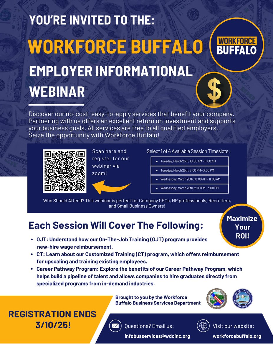 Attention CEOs, HR professionals, recruiters, and small business owners!  Join us for the Workforce Buffalo Employer Webinar during one of four webinars by Workforce Buffalo.

Registration ends March 10th!
Register here: lnkd.in/e_vrA7VR