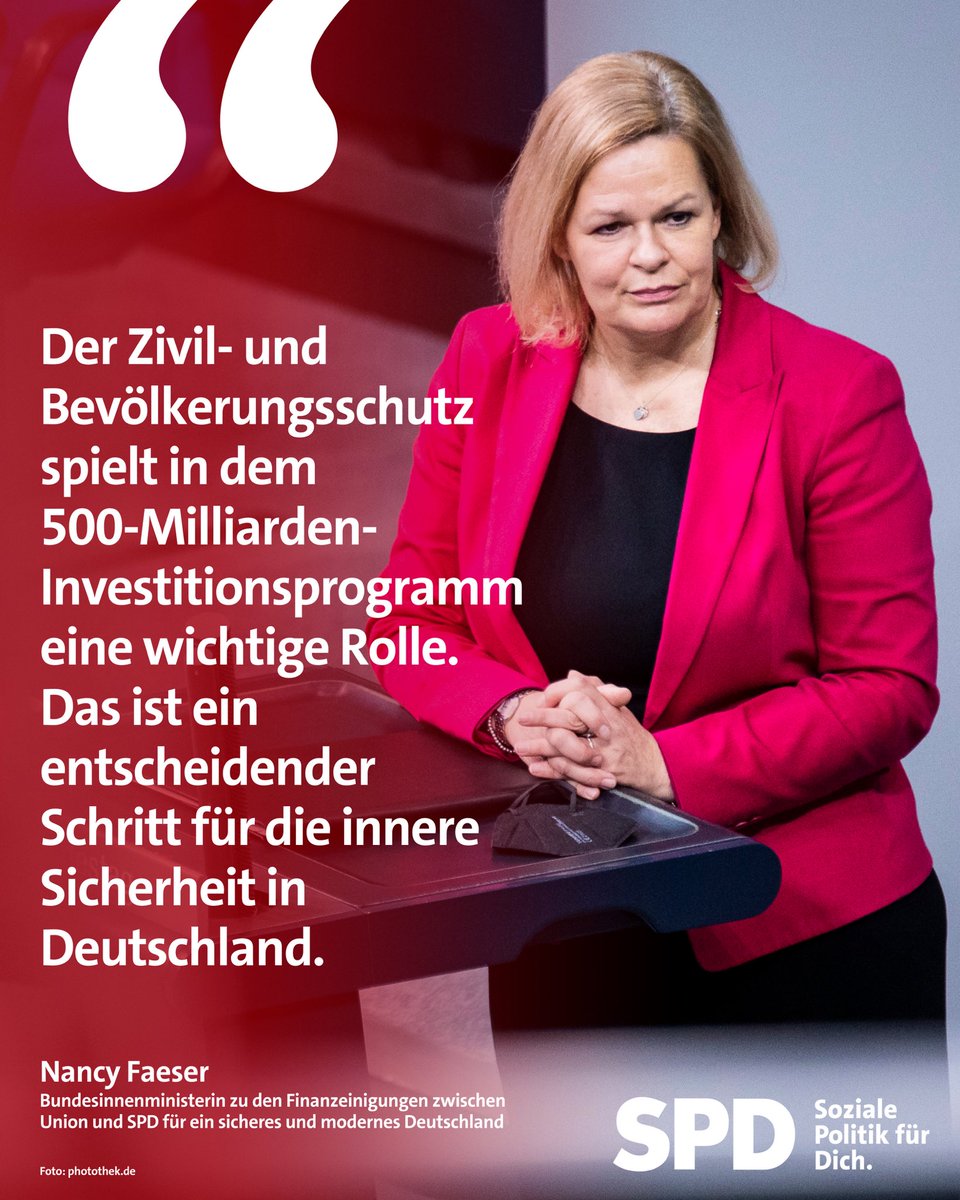 Unsere Bundesinnenministerin Nancy Faeser steht klar zum Vorgehen von Union und SPD, um auf die aktuell drängenden und wichtigen Herausforderungen mit kühlem Kopf und Vernunft zu reagieren.

Mit dem 500-Milliarden-Euro-Sondervermögen Infrastruktur bekommt der Zivil- und
