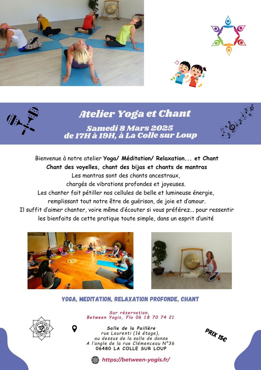 BienEtreLaColle's tweet image. Prochain ateliers du samedi soir : Yoga et chants, le 8 mars à 17h avec Florence Deniel !
Sur réservation au 06 18 70 74 21
between-yogis.fr