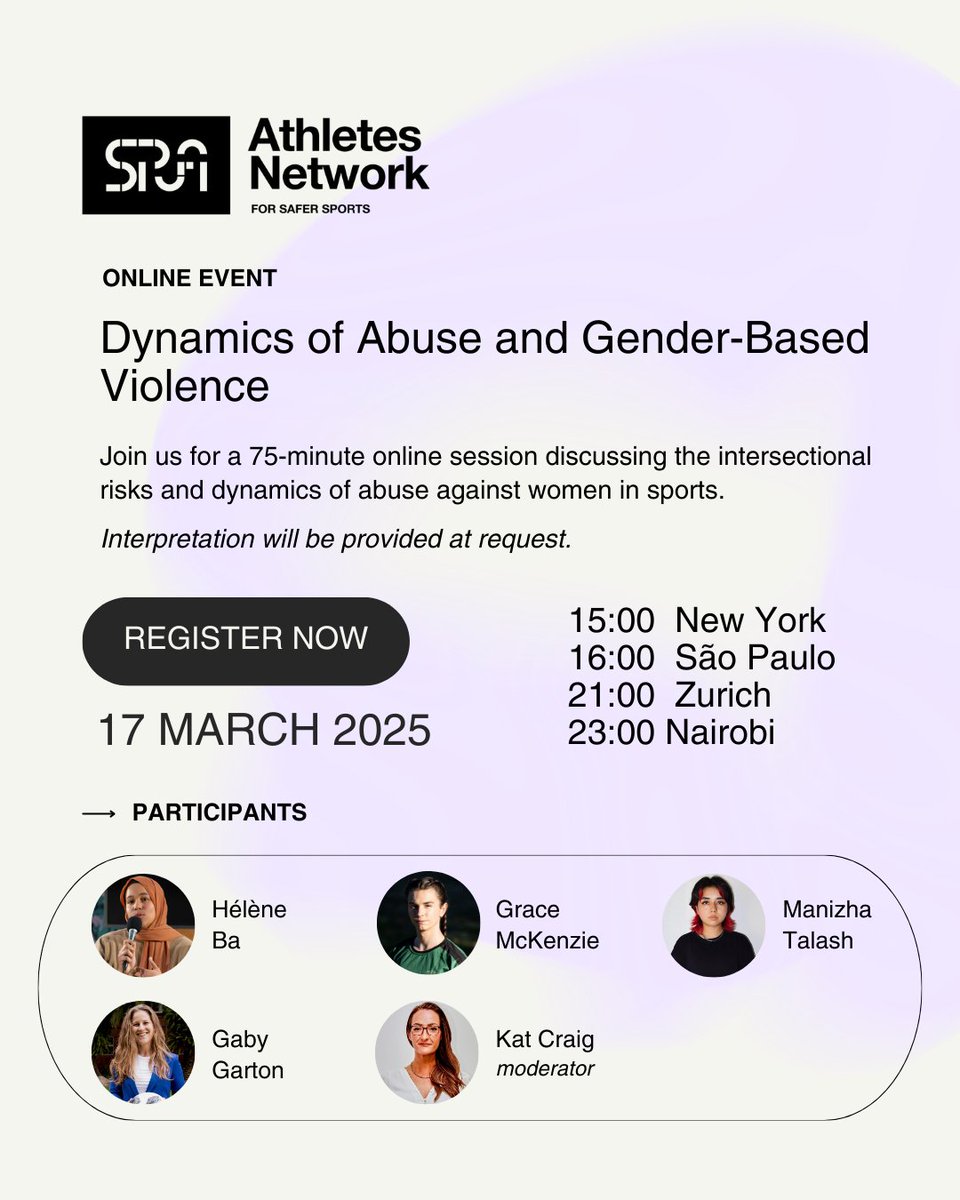 📌 On March 17th, the #AthletesNetwork for Safer Sports will host an online event on the intersectional risks and dynamics of abuse against women and girls in sports. 

Register now ⬇️
sportandrightsalliance.org/activity/dynam…