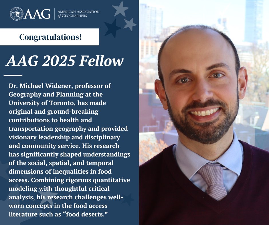American Association of Geographers (@theaag) on Twitter photo AAG welcomes 2025 Fellow, Michael Widener (<a href="/geo_uoft/">Department of Geography and Planning</a>)! His ground-breaking contributions to health and transportation geography and community service has shaped understandings of the social, spatial, and temporal dimensions of inequalities in food access. bit.ly/3CrSp9T AAG welcomes 2025 Fellow, Michael Widener (<a href="/geo_uoft/">Department of Geography and Planning</a>)! His ground-breaking contributions to health and transportation geography and community service has shaped understandings of the social, spatial, and temporal dimensions of inequalities in food access. bit.ly/3CrSp9T