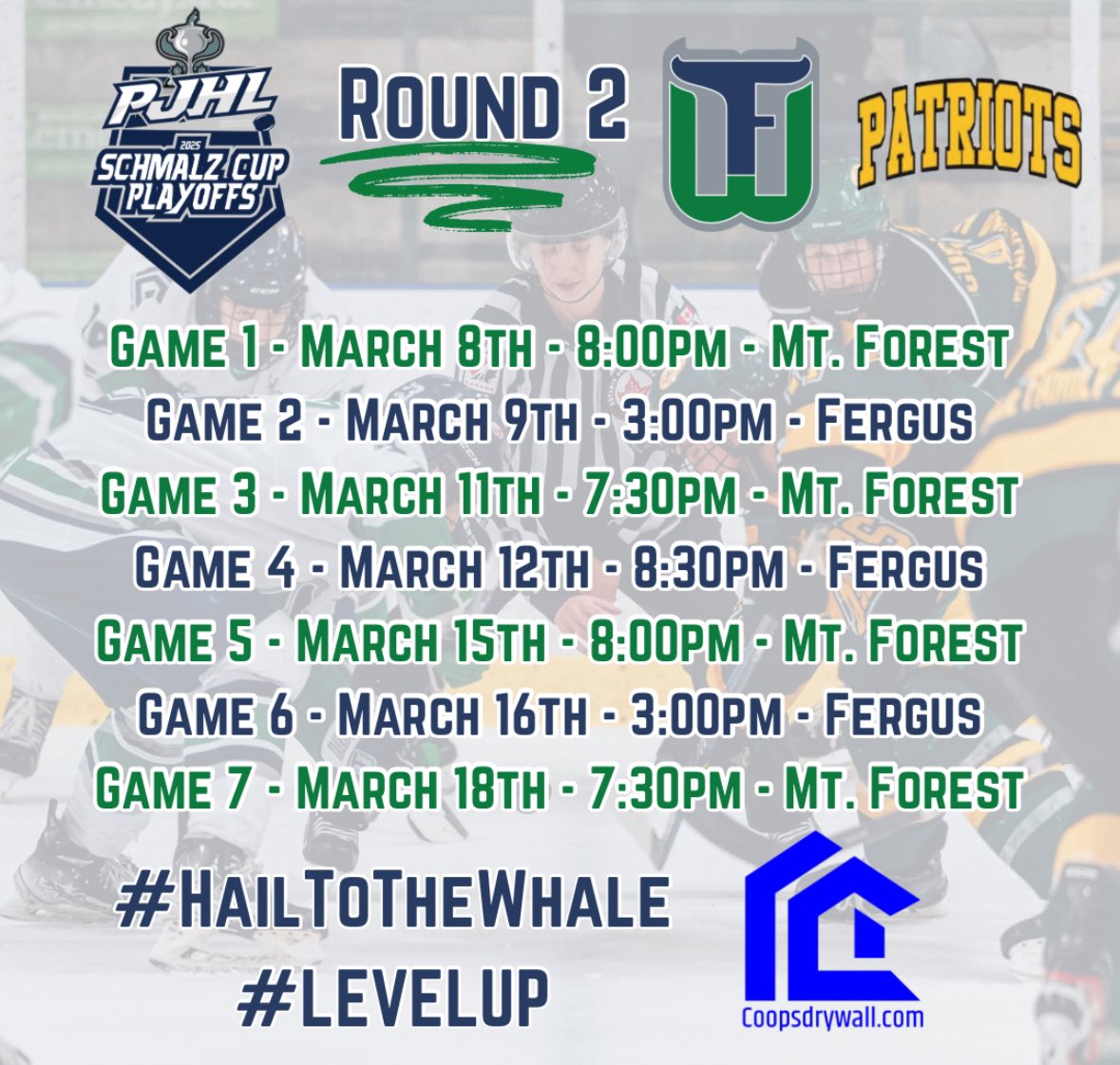 Round 2 of playoffs sees the HWY Six Series begin - <a href="/MFPatriotsPJHL/">Mount Forest Patriots</a> vs <a href="/FergusWhalers/">Fergus Whalers Junior Hockey Club</a>