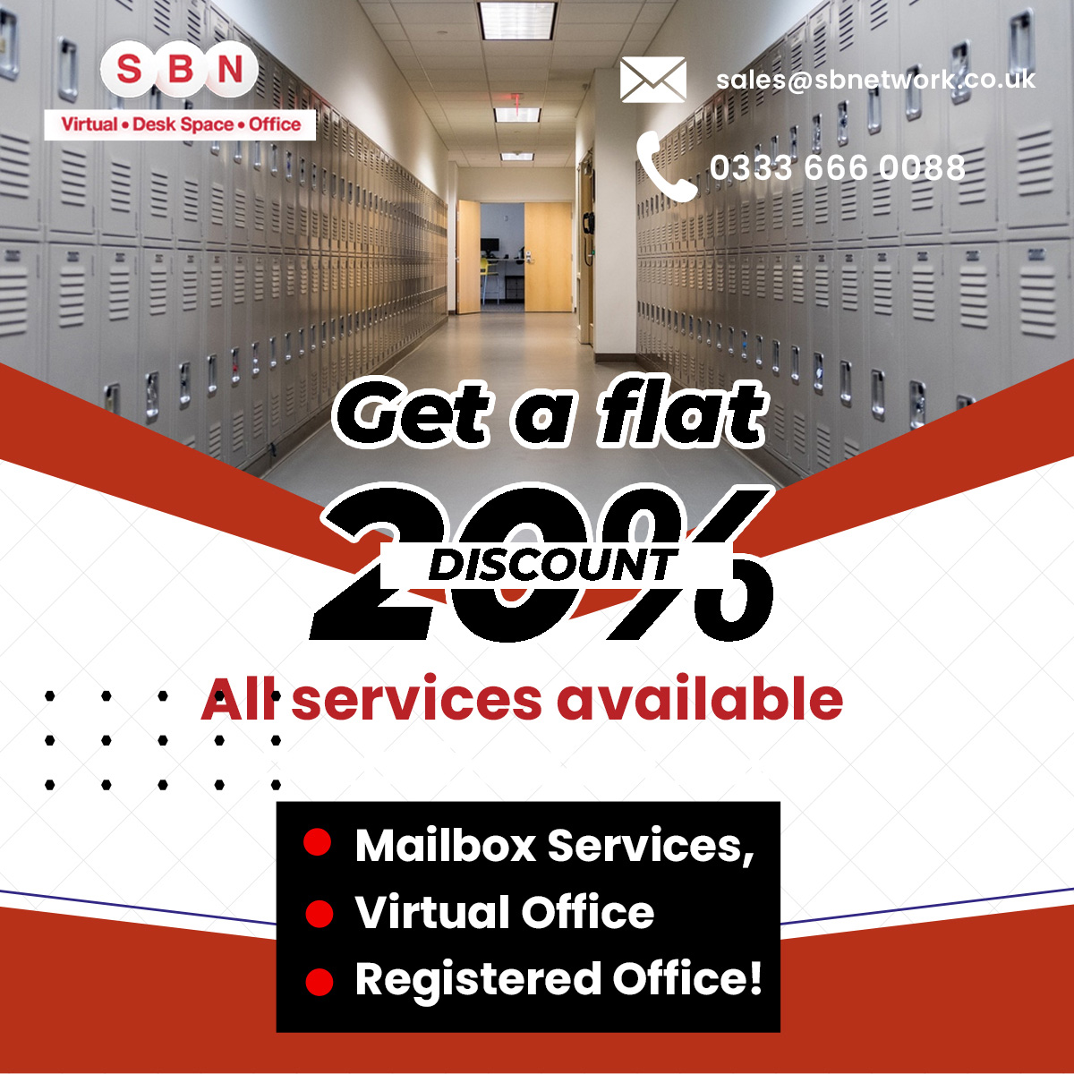 🎉 Exciting Offer Alert! 🎉 
Sign up and pay for a one-year contract to enjoy a fantastic 20% OFF on our amazing services: 
📬 Mailbox Services  
🏢 Virtual Office  
🏠 Registered Office  
sbnetwork.co.uk
 #virtualoffice #officeservices #servicesinlondon #england #working