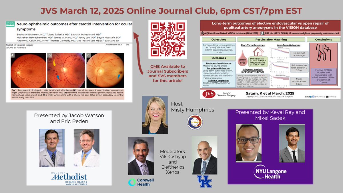 What do retinas 👀 and knees 🦵 have in common?
OK, not much, BUT there are two excellent articles up for discussion March 12, 2025 7PM EST. Register here for the JVS/SVS online journal club! vascular.org/vascular-speci…