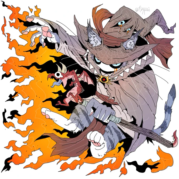 Cat wizardwith fire cape#characterdesign 