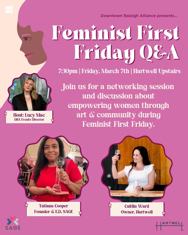 Let's chat! 🎤 Join us for a discussion about empowering women through art &amp; community during Feminist First Friday.

Speakers —
🛍️ Caitlin Ward, Owner at Hartwell
💞 Tatiana Cooper, Founder/Executive Director of SAGE

📍Upstairs at Hartwell, 7:30pm
🔗 bit.ly/37u84T3