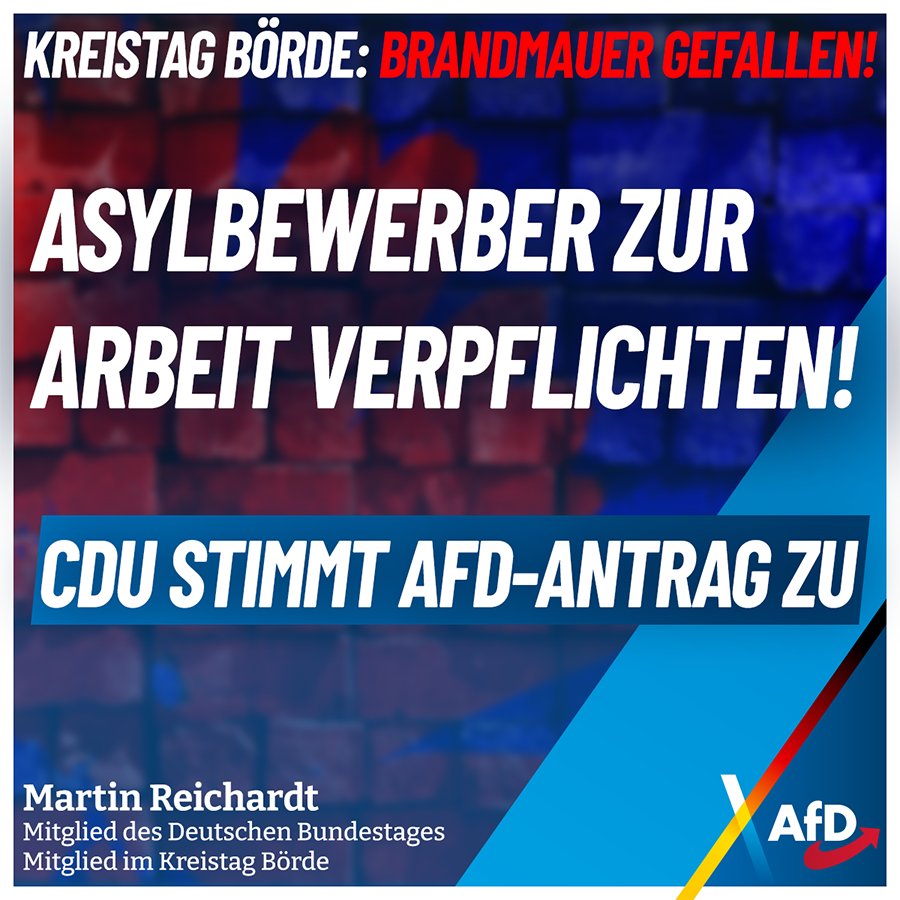 M_Reichardt_AfD's tweet photo. Soeben wurde im Kreistag des Landkreises Börde unser Antrag Asylbewerber zur Arbeit verpflichten mit den Stimmen der CDU angenommen! #Brandmauer bröckelt! https://t.co/ZD9giZKmvh