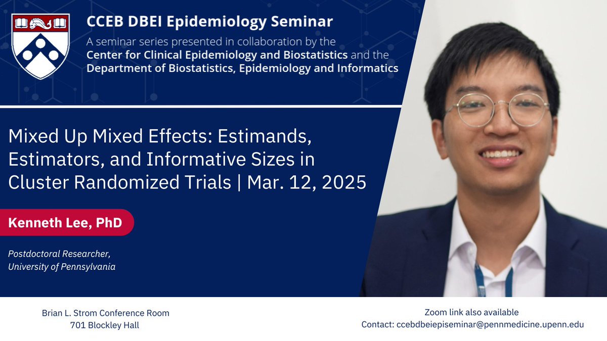 UPenn CCEB (@upenn_cceb) on Twitter photo Please join us next Wednesday (03/12) with guest Kenneth Lee, PhD for a hybrid CCEB & DBEI Seminar and a light breakfast.
Zoom access: ccebdbeiepiseminar@pennmedicine.upenn.edu
Seminar files: bit.ly/3ZLEUbg
2024 schedule: bit.ly/4bsYHTe Please join us next Wednesday (03/12) with guest Kenneth Lee, PhD for a hybrid CCEB & DBEI Seminar and a light breakfast.
Zoom access: ccebdbeiepiseminar@pennmedicine.upenn.edu
Seminar files: bit.ly/3ZLEUbg
2024 schedule: bit.ly/4bsYHTe