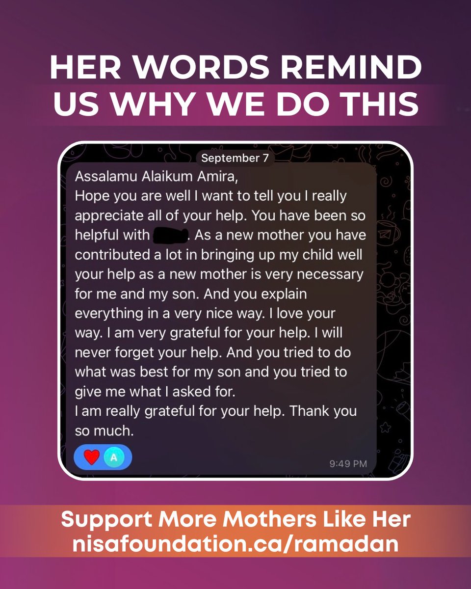 💜 “As a new mother, your help was very necessary for me and my son.”

Because every child deserves a childhood, and every mother deserves a chance to heal 💜

📢 Support more mothers &amp; children this Ramadan:
🔗 nisafoundation.ca/ramadan

#NisaHomes #ChildAndYouthCare #Healing