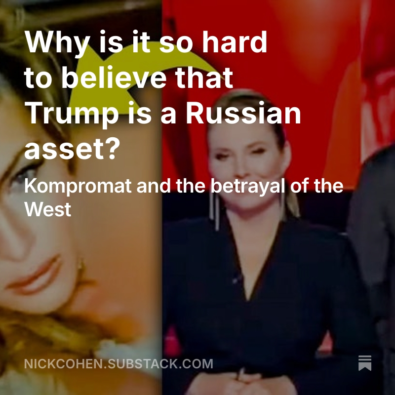 Trump is giving Putin everything he wants without Putin even needing to ask. We can’t ignore the mountain of evidence that Trump is a bought and paid for Russian asset.
(Piece from me)
open.substack.com/pub/nickcohen/…