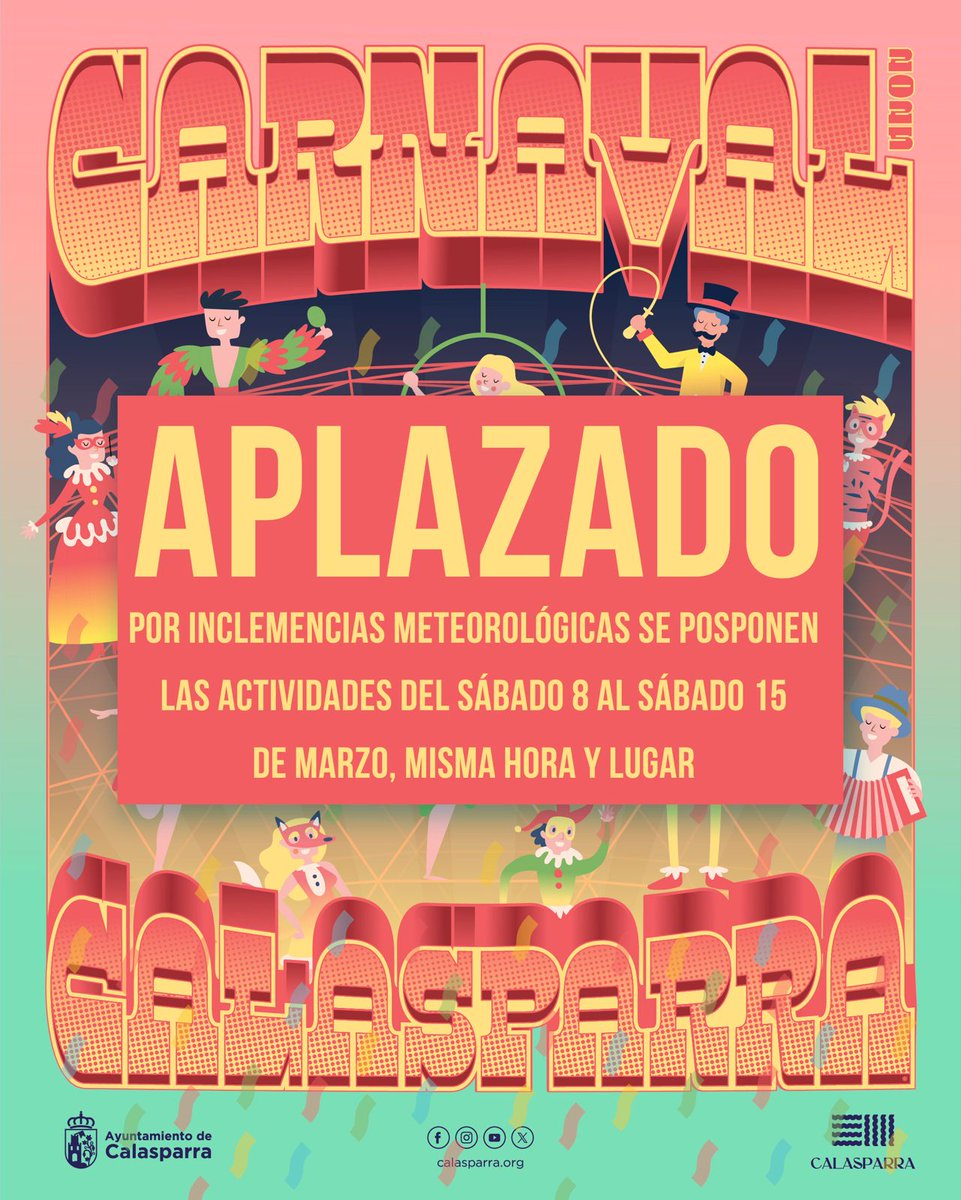 AytoCalasparra's tweet photo. ℹ️Aplazado el Carnaval de Calasparra al 15 de marzo por inclemencias del tiempo

El Ayuntamiento de Calasparra informa que, debido a las previsiones meteorológicas adversas, se ha decidido aplazar la celebración del Carnaval al 15 de marzo. https://t.co/mpP3QRfanC