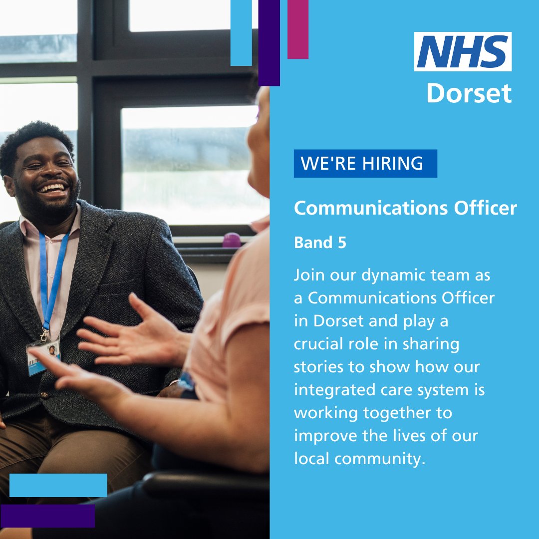We're hiring a Communications Officer 📢 

If you have experience in media relations, crisis management, social media, and want to make a real difference - apply today! 
 
📅 Closes 17 March 2025 
🔗 beta.jobs.nhs.uk/candidate/joba… 

#Communications #NHSJobs #DorsetJobs