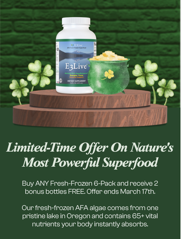 💚March 1-17 Special at E3Live💚⁠
⁠
Buy any E3Live or BrainON fresh-frozen 6-pk and get 2 bonus bottles FREE!⁠
⁠
#e3live #brainon #superfood #lucky #marchspecial #organicnutrition #brainhealth #healthyliving
