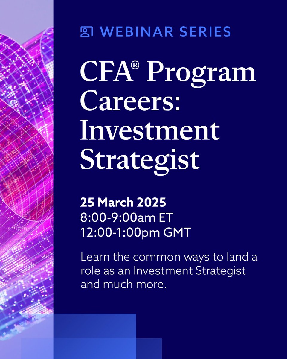 CFAProgram's tweet image. How do you become a top Investment Strategist?
Join industry leaders as they break down the role and what you need to succeed.
📅 25 March 2025 | 🕗 8:00-9:00 AM ET | 12:00-1:00 PM GMT
Register: cfainst.is/4fsF3b0