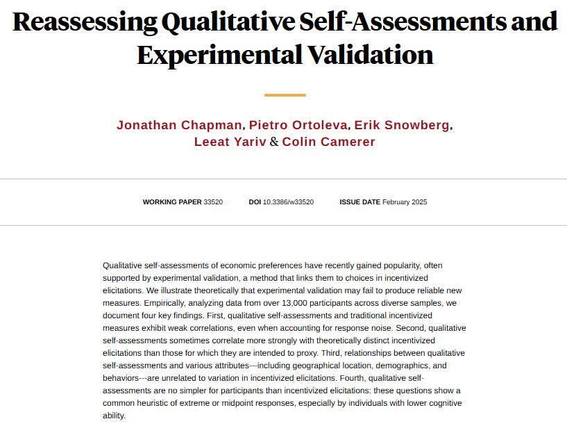 NBER (@nberpubs) on Twitter photo Experimental validation, which links economic preferences to choices in incentivized elicitations, may fail to produce reliable new measures, from <a href="/chapman_econ/">Jonathan Chapman</a>, <a href="/PietroOrtoleva/">Pietro Ortoleva</a>, <a href="/snowberg/">snowberg</a>, <a href="/lyariv/">Leeat Yariv</a>, and <a href="/CFCamerer/">Colin Camerer</a> nber.org/papers/w33520 Experimental validation, which links economic preferences to choices in incentivized elicitations, may fail to produce reliable new measures, from <a href="/chapman_econ/">Jonathan Chapman</a>, <a href="/PietroOrtoleva/">Pietro Ortoleva</a>, <a href="/snowberg/">snowberg</a>, <a href="/lyariv/">Leeat Yariv</a>, and <a href="/CFCamerer/">Colin Camerer</a> nber.org/papers/w33520