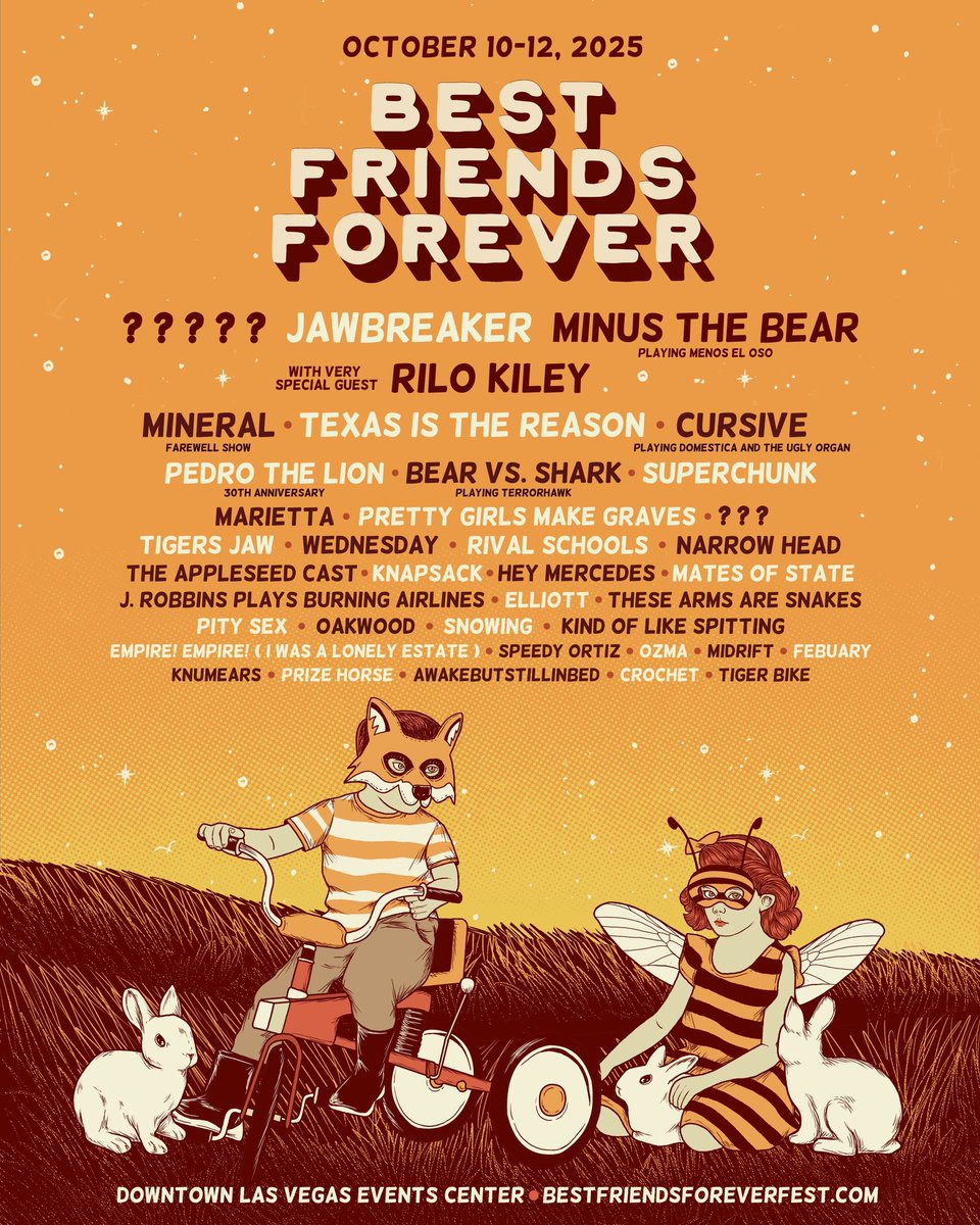 Weekend passes to Best Friends Forever Fest are onsale NOW! Come see this bonkers lineup with me. 

24tix.com/es/ab4prh5quba…