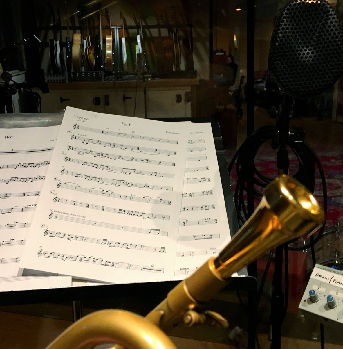 Looking at photos from The Defector album sessions - good to see I wrote some handy tips at bar 4 &amp; bar 34😂(might need to zoom in).🎧Listen to how the recordings &amp; interpretation of the handy tips turned out on the album #TheDefector 
#recordingsession #trumpet #jazz