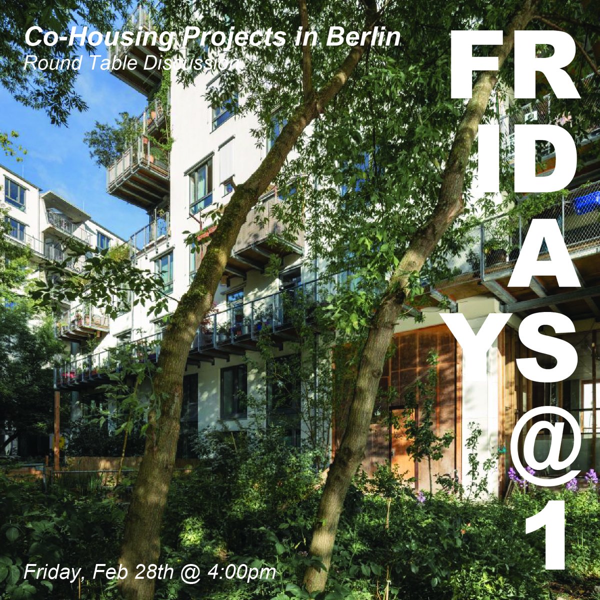 Join us Friday @ 12 for a round table discussion on Co-Housing Projects in Berlin featuring our guest panel: Verena von Beckerath from Heide &amp; von Beckerath, Florian Koehl from Fatkoehl Architekten, Gudrun Sack from Nägeli Architekten.

link in our description.