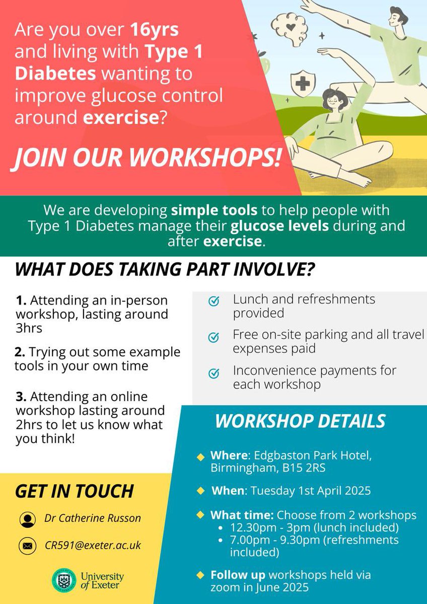DSNforumUK (@dsnforumuk) on Twitter photo Struggle with glucose management around exercise?
Join this workshop in Birmingham (UK) to help experts at the Uni of Exeter to develop simple tools for managing T1D & exercise!
✅ Lunch & travel covered
✅ Short follow-up online
✅ Inconvenience pay
Email CR591@exeter.ac.uk! Struggle with glucose management around exercise?
Join this workshop in Birmingham (UK) to help experts at the Uni of Exeter to develop simple tools for managing T1D & exercise!
✅ Lunch & travel covered
✅ Short follow-up online
✅ Inconvenience pay
Email CR591@exeter.ac.uk!