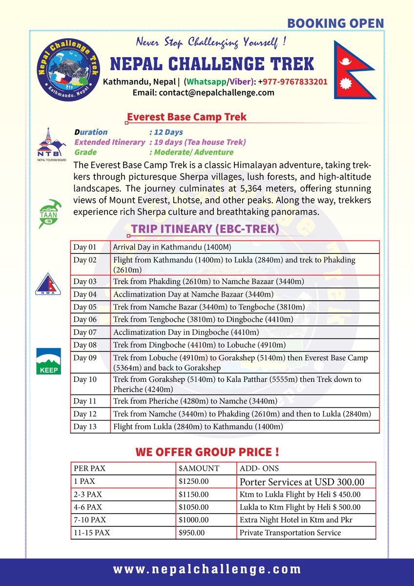 ChallengeTrek's tweet photo. 🏔️ Everest Base Camp Trek 2025 – Booking Open!
📅 Booking Open for 2025
🔥 Special Offer Available
#EverestBaseCampTrek #EBC2025 #BookingOpen #SpecialOffer #TrekkingNepal #VisitNepal2025 #HimalayanAdventure #BucketList #NepalTrekking https://t.co/f7qDkMthQi