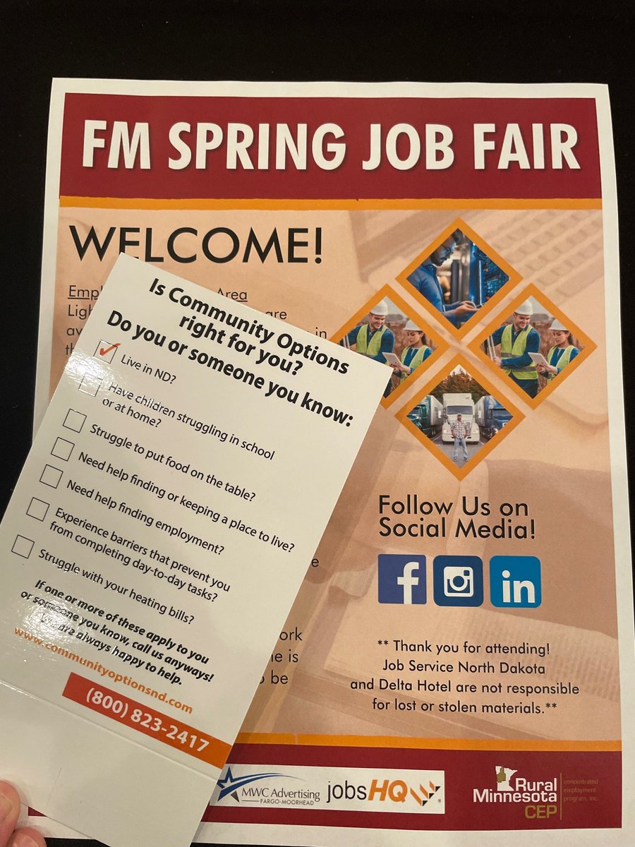 ComOptND's tweet image. @ComOptND is out at the @JobServiceND Job Fair today, come say hi to Tamara and see what Community Options has to offer. Tamara will be at the Delta Hotels by Marriott Fargo from 12-4 today!