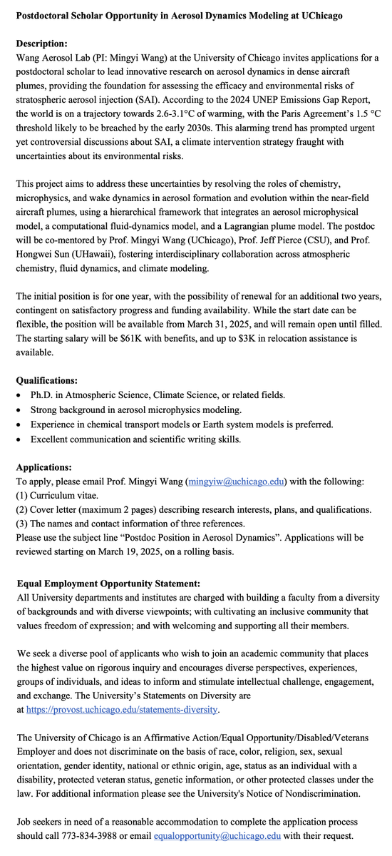Mingyi Wang (@_mingyi_wang_) on Twitter photo 🌟Job alert! We seek a postdoc to join our lab <a href="/GeoSci_UChicago/">UChicago GeoSci</a> to study aerosol dynamics in dense aircraft plumes - co-mentored by Prof Jeff Pierce and <a href="/hongwei8sun/">Hongwei Sun</a>. RT pls <a href="/AtmChemAeroJobs/">Jobs in Atmos. Chem. & Aerosols - Now on Bluesky</a> <a href="/Research_Jobss/">Research Jobs in Earth/Environmental Sciences</a>. 🌟Job alert! We seek a postdoc to join our lab <a href="/GeoSci_UChicago/">UChicago GeoSci</a> to study aerosol dynamics in dense aircraft plumes - co-mentored by Prof Jeff Pierce and <a href="/hongwei8sun/">Hongwei Sun</a>. RT pls <a href="/AtmChemAeroJobs/">Jobs in Atmos. Chem. & Aerosols - Now on Bluesky</a> <a href="/Research_Jobss/">Research Jobs in Earth/Environmental Sciences</a>.