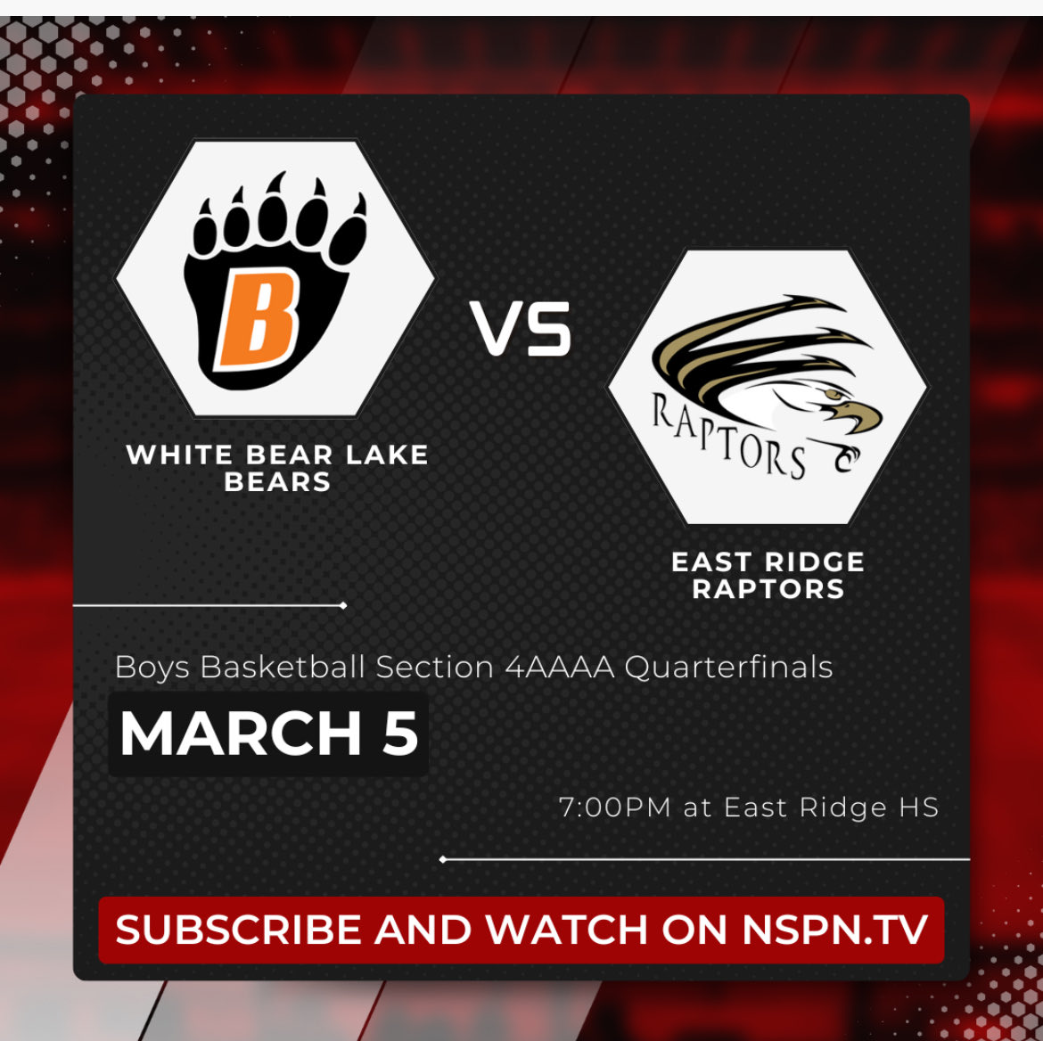 Boys Basketball section 4AAAA play begins tonight at home vs White Bear Lake.
Tip-Off is at 7pm.
If you can’t make the game stream it on NSPN.tv
Good luck Raptors!!