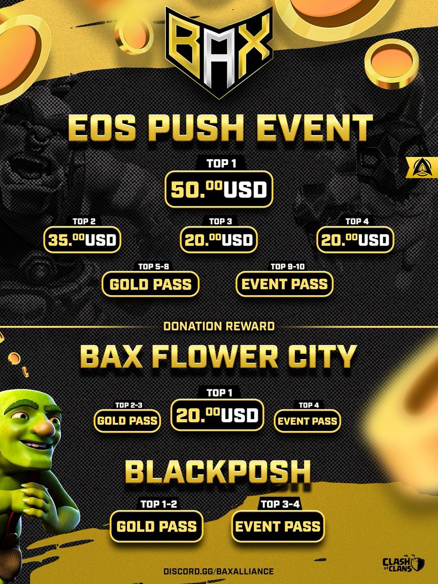 BAX Alliance is bringing in the heat!

Join our EOS Push Event and compete for cash prizes, Gold Pass, and Event Pass. Think you have what it takes to top the leaderboard?

More details &amp; sign-ups: discord.gg/baxalliance 
#ClashOfClans 
#Giveaway 
#Competitive
#Legend
#Pushevent