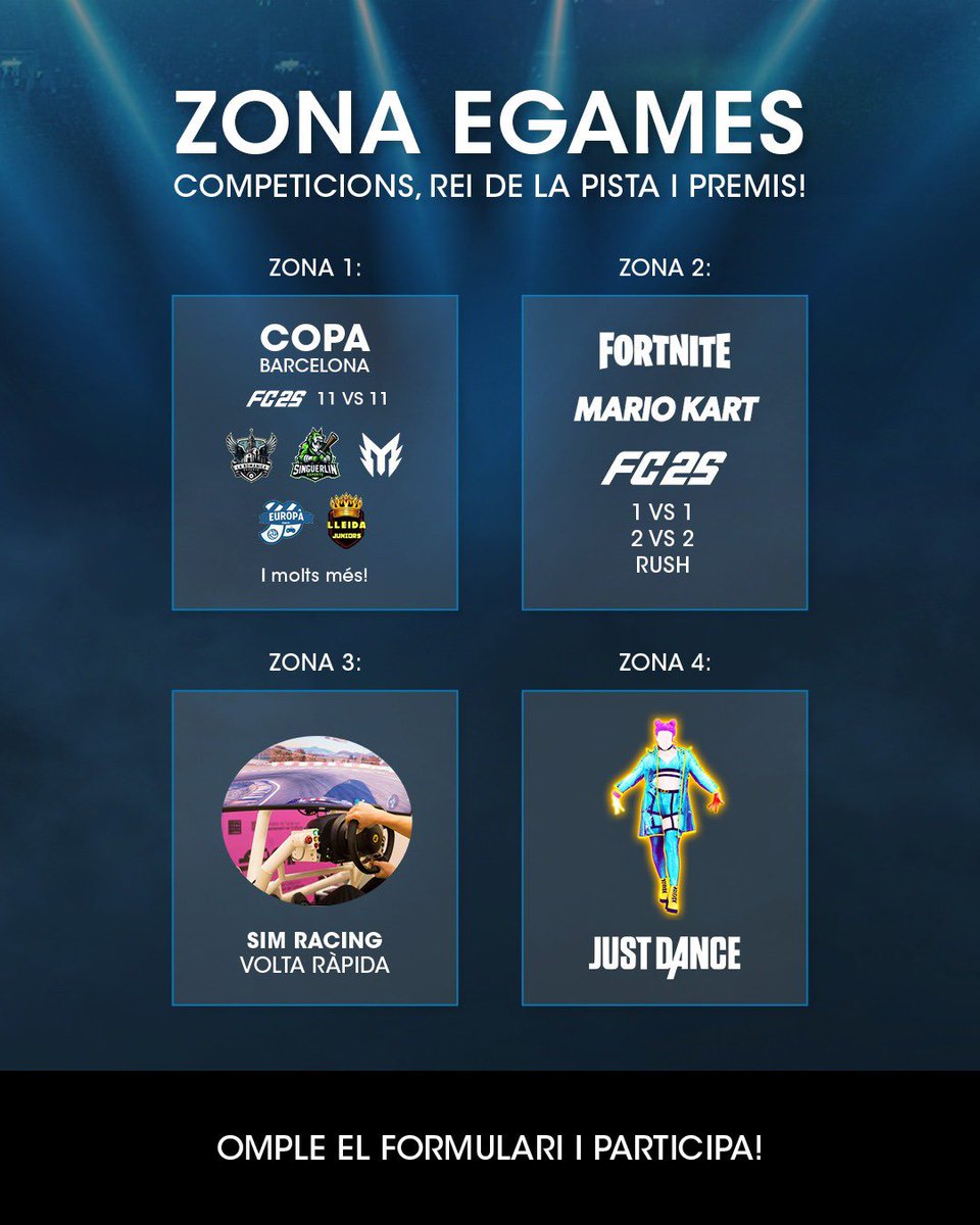 Gamesports Electrònics (@gamesportselect) on Twitter photo 🕹️EGAMES SOM MULTIESPAI🎮
🗓️ Dissabte 15 de març (10h a 20h)
📌 Centre comercial <a href="/SOMMultiespai/">SOM Multiespai</a>
Vine a gaudir d'un dia ple de videojocs, competició i diversió!
🏆Copa Barcelona Som Multiespai 11vs11
⚽️FC 25 (1vs1 i 2vs2)
🛖Fortnite
💃Just Dance
🏎️F123
🚕Project Cars 2 🕹️EGAMES SOM MULTIESPAI🎮
🗓️ Dissabte 15 de març (10h a 20h)
📌 Centre comercial <a href="/SOMMultiespai/">SOM Multiespai</a>
Vine a gaudir d'un dia ple de videojocs, competició i diversió!
🏆Copa Barcelona Som Multiespai 11vs11
⚽️FC 25 (1vs1 i 2vs2)
🛖Fortnite
💃Just Dance
🏎️F123
🚕Project Cars 2