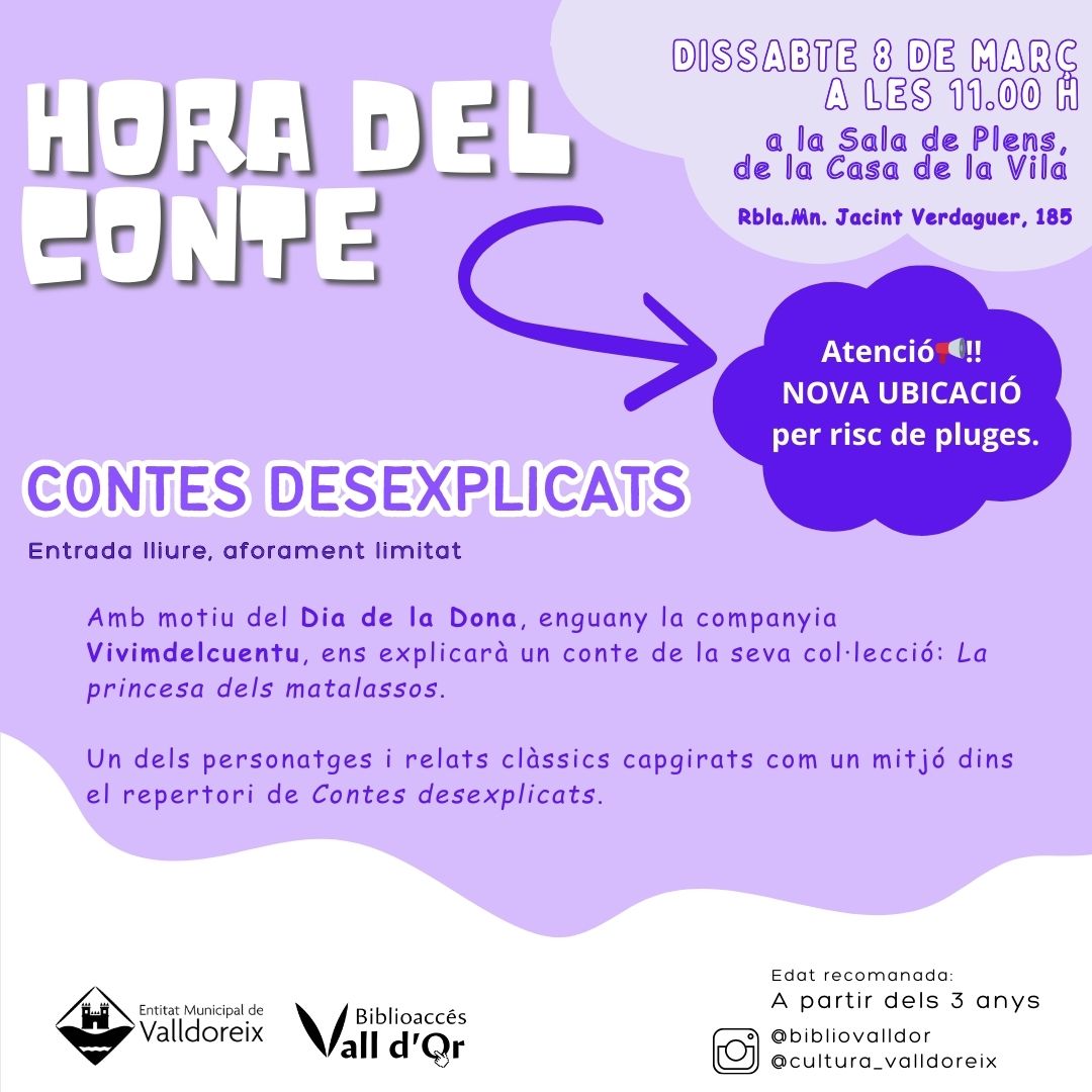 📢Canvi d'ubicació de l'hora del conte de ds. 8, #DiadelaDona: per previsió de pluges, es farà a:
🏛 Sala de plens de la Casa de la Vila, al costat de la biblioteca. Entrada lliure, aforament limitat. Públic a partir de 3 anys. #horadelconte cia. <a href="/vivimdelcuentu/">Vivim del Cuentu</a>  <a href="/EMDValldoreix/">EMD de Valldoreix</a>