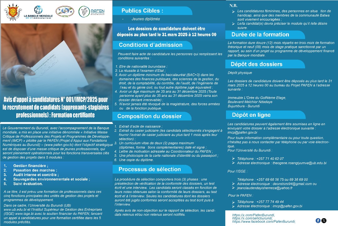 Recrutement de candidats (apprenants-stagiaires professionnels) dans le cadre de l’IMCP (Initiative Masse Critique de Professionnels des Projets et Programmes de Développement) – #Burundi.