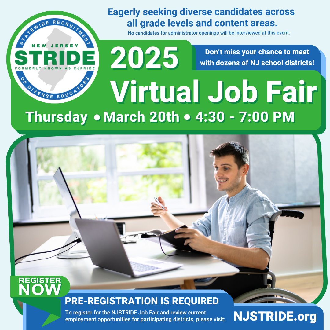 Register today for the NJ STRIDE Virtual Job Fair.  njstride.org
#NJEducatorJobFair #TeachinNJ #NJEdHiring