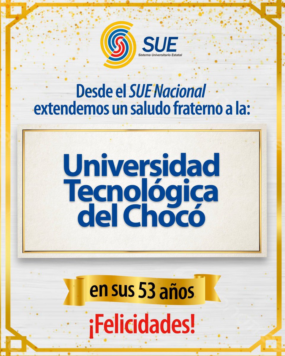 @SueColombiaoficial (@suecol_oficial) on Twitter photo Felicitamos a la Universidad Tecnológica del Chocó 'Diego Luis Córdoba' <a href="/UTCH_/">Universidad Tecnológica del Chocó</a> en sus 53 años de vida institucional.
#FelizCumpleUTCH
#53AñosDeLaUTCH Felicitamos a la Universidad Tecnológica del Chocó 'Diego Luis Córdoba' <a href="/UTCH_/">Universidad Tecnológica del Chocó</a> en sus 53 años de vida institucional.
#FelizCumpleUTCH
#53AñosDeLaUTCH