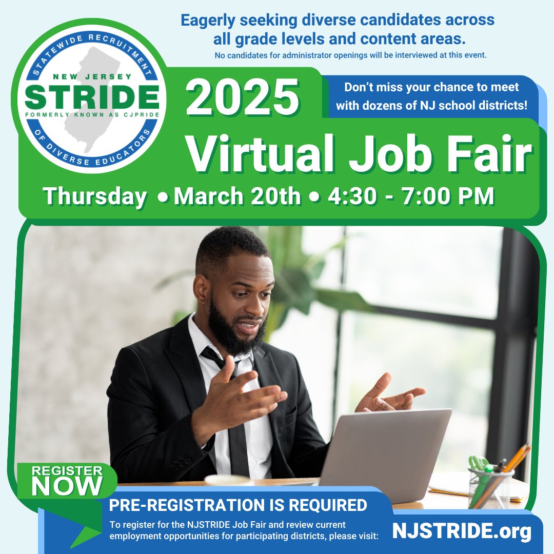 We believe in hiring diverse educators in NJ schools. So do many other districts. Meet all of them at the @NJSTRIDE 2025 Virtual Job Fair on March 20th

#NJEducatorJobFair #DiversityInEducation #NJTeacherJobs #TeachInNJ #NJSchoolCareers #NJEdHiring