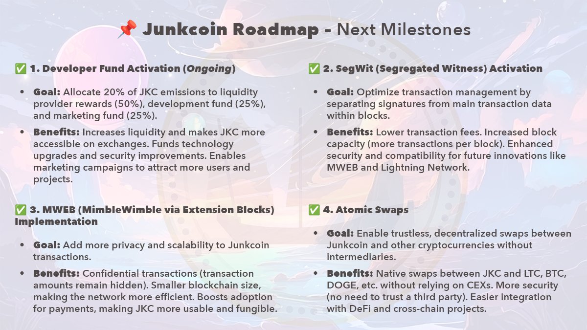 junkcoin_JKC's tweet image. Junkcoin is evolving—here’s what’s coming next!

📌Developer Fund activation 
📌SegWit for lower fees &amp;amp; better transaction efficiency 
📌MWEB for enhanced privacy &amp;amp; scalability 
📌Atomic Swaps for trustless cross-chain trading

The future of $JKC is bright. Stay tuned Junkies!⛵️