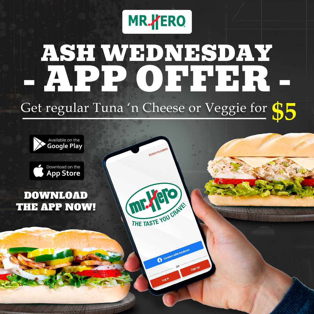 Today through Friday, get a $5 regular Tuna 'n Cheese or Veggie for only $5 with the coupon in the app.
Haven't downloaded the app yet? No problem! Download with the links below. 
📱Google Play Store
play.google.com/store/apps/det…
📱Apple App Store
apps.apple.com/us/app/mr-hero…