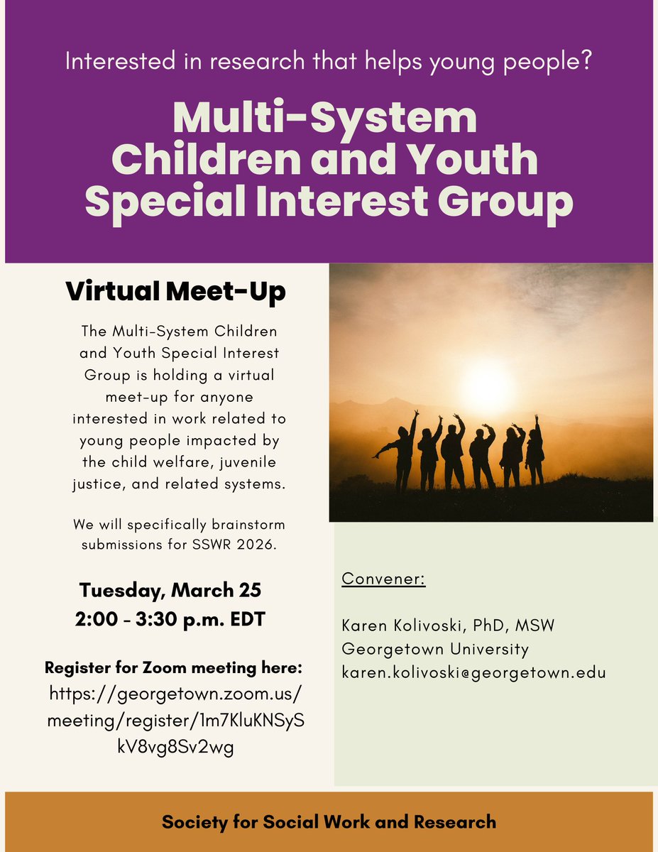 Calling all #MultiSystemYouth researchers! 🚨 The SSWR Multi-System Youth SIG is hosting a virtual meet-up on 3/25! 🎉 Bring your research ideas &amp; conference submission plans. Let’s collaborate! More details in flier. #SSWR #YouthJustice #SocialWork #CrossoverYouth  #ChildWelfare
