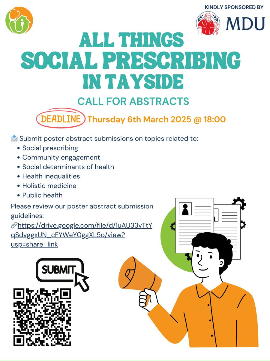 Kieran R (@kieranrmedicine) on Twitter photo π’ Calling all changemakers! π’
π Poster Abstract Submissions CLOSE TOMORROW for All Things Social Prescribing in Tayside! π
Have you been involved in research or a project in any of these areas? We'd love to showcase your work! π
π© Submit here: forms.office.com/e/DGidf8uSUK ππ‘ π’ Calling all changemakers! π’
π Poster Abstract Submissions CLOSE TOMORROW for All Things Social Prescribing in Tayside! π
Have you been involved in research or a project in any of these areas? We'd love to showcase your work! π
π© Submit here: forms.office.com/e/DGidf8uSUK ππ‘