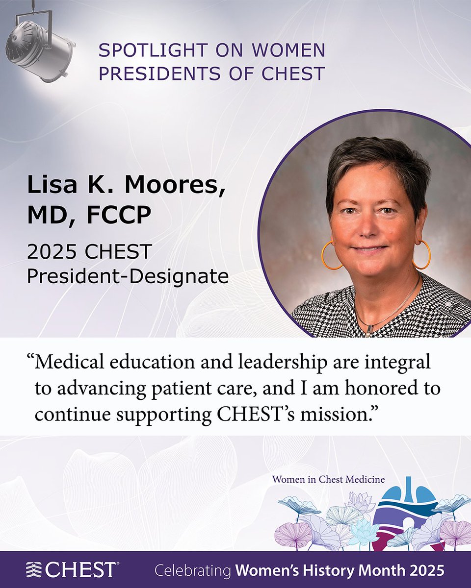 In its 90 years, CHEST has been led by several trail-blazing female presidents. For #WomensHistoryMonth we are celebrating them and our 2025 President-Designate, Lisa Moores, MD, FCCP, who will be assuming the role of President in 2027: hubs.la/Q0395K770
#CHEST90 #WiCM