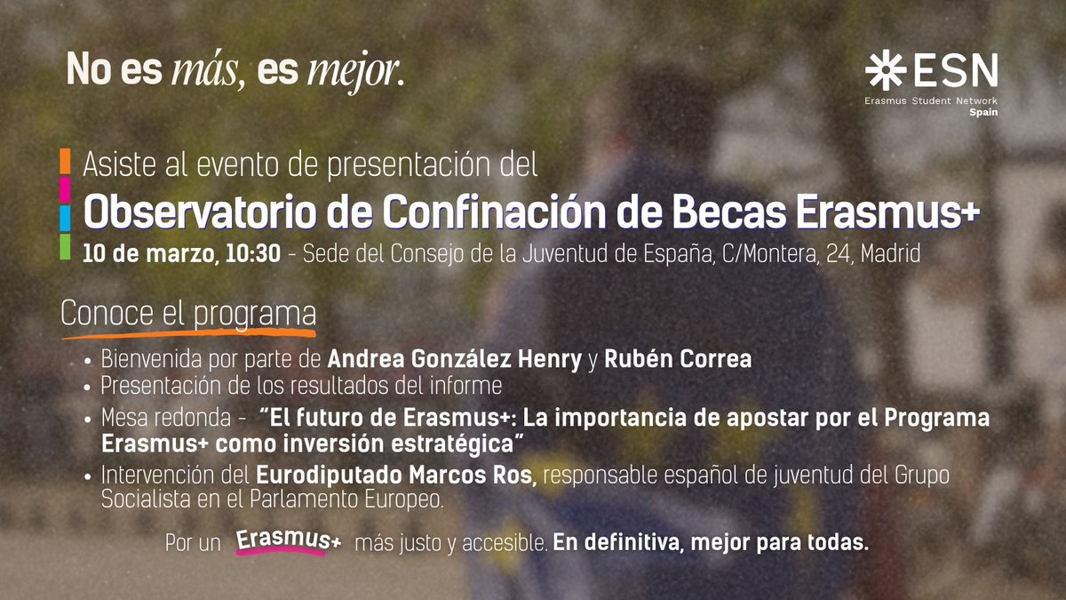 📢 El 10 de marzo, presentamos la VI edición del Observatorio de Cofinanciación de Becas Erasmus+, un análisis clave para avanzar hacia un sistema más equitativo.

Reserva tu plaza aquí 👉 forms.gle/eRxQeG6QWNcYLZ…

📍 10:30, Consejo de la Juventud de España