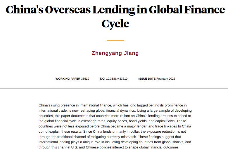 China's rising presence in international finance, which has long lagged behind its prominence in trade, now interacts with US monetary policy to reshape global financial dynamics, from <a href="/ProfJiang/">Zhengyang Jiang</a> nber.org/papers/w33519